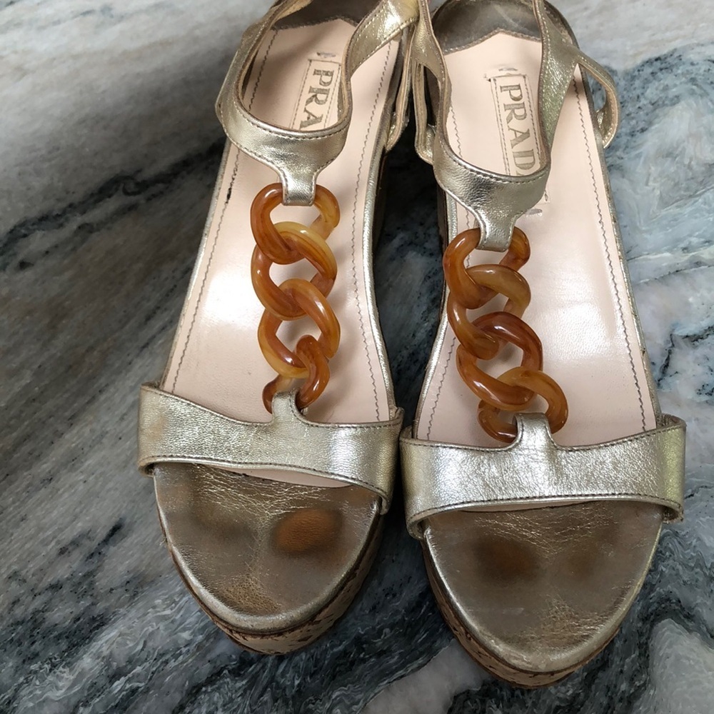 Prada vintage 90’s cork wedge heels metallic leather tortoiseshell look links 8 - Picture 1 of 11